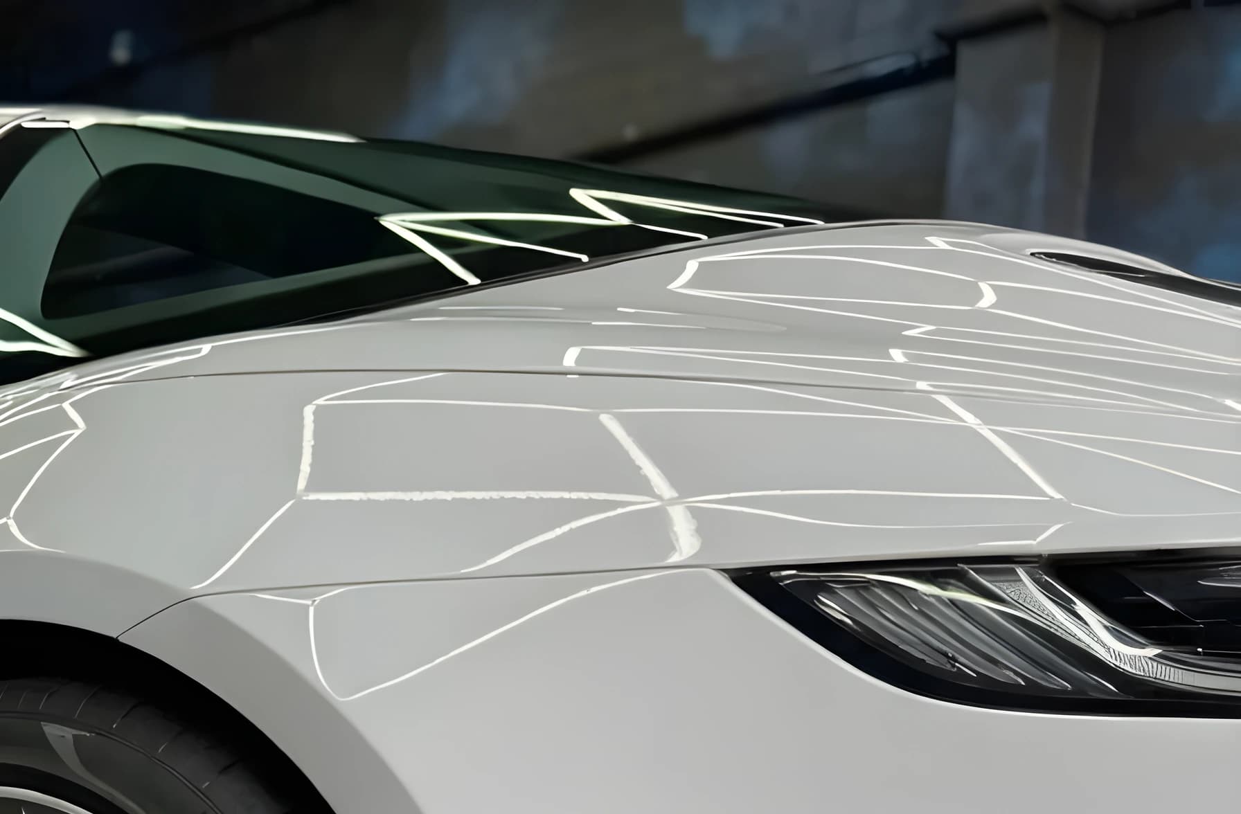 Studio lighting reflected in polished paintwork at Optimum Detailing