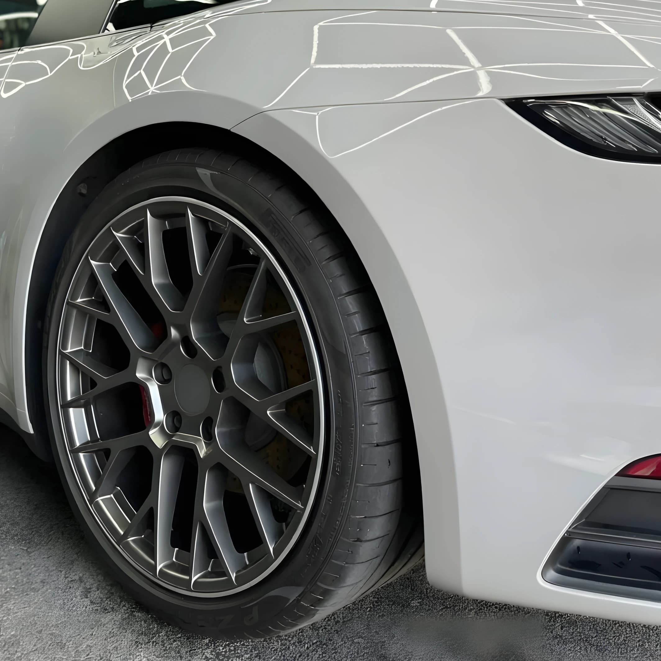 A silver sports car finished under the studio lighting at Optimum Detailing
