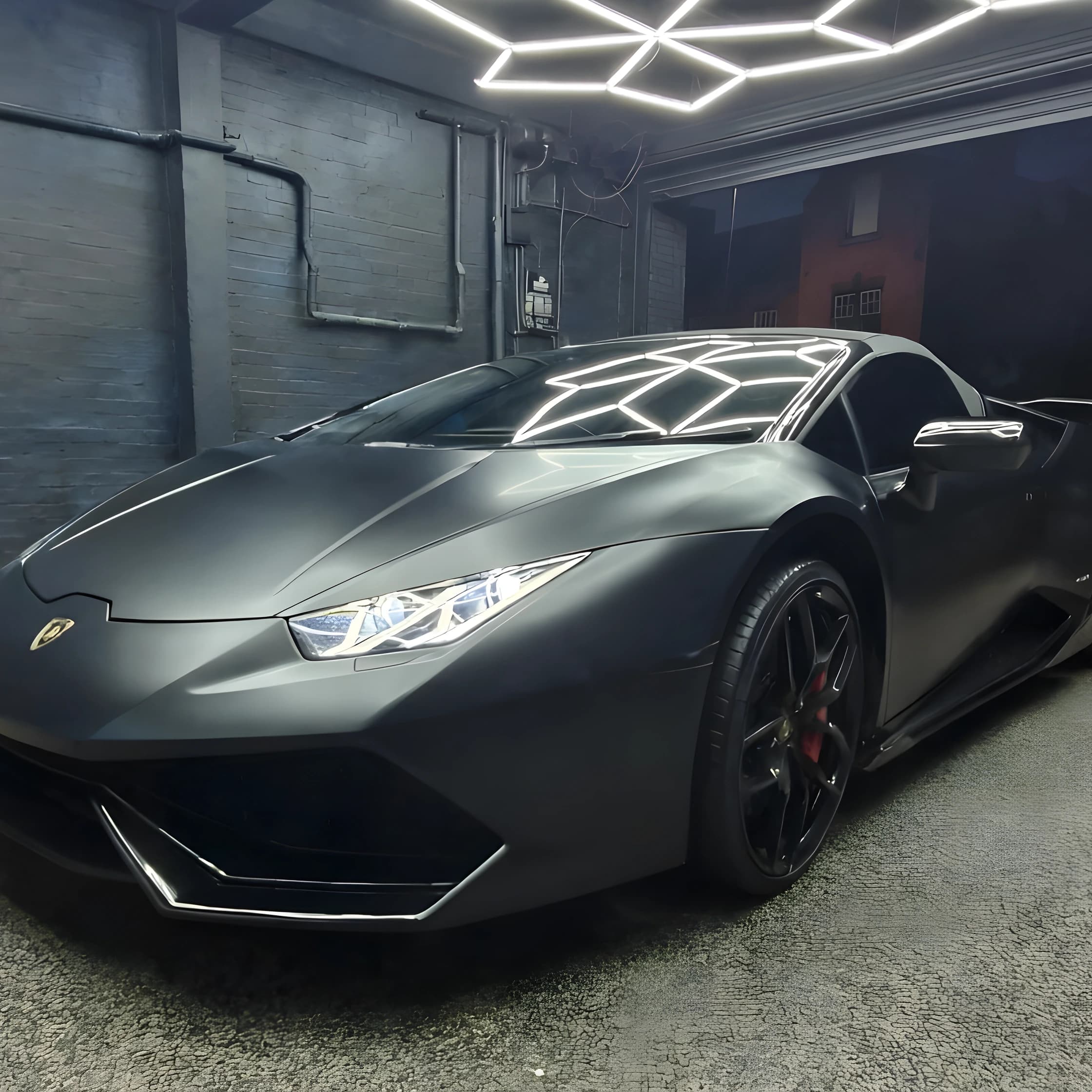 A matte black supercar under hexagonal studio lighting at Optimum Detailing